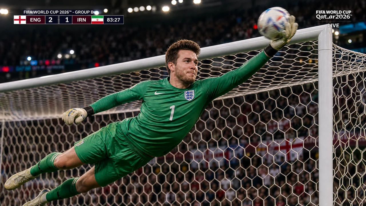 Medium frontal TV broadcast shot, original person as World Cup goalkeeper making an extreme acrobatic save, leaping to catch the ball at goal's dead angle. Professional gear, resolute expression, stadium background. Photorealistic 8K high-speed sports photography, cinematic lighting.