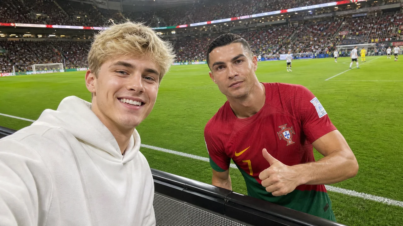 First-person stadium stand selfie: Figure 1 leans over railing to take photo with Figure 2 on pitch. Figure 2 gives thumbs-up, Figure 1 looks delighted. Authentic stadium environment, other players in background.