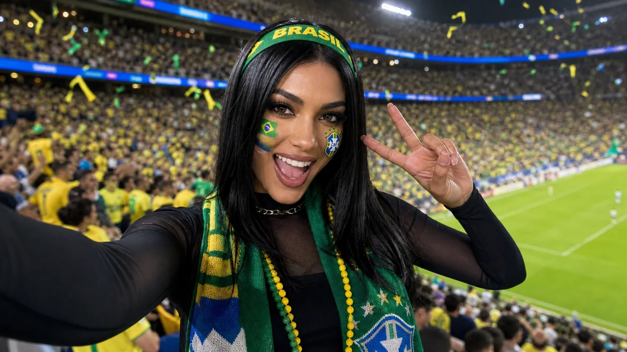 Original person takes overjoyed selfie in World Cup stands, with team face paint, scarf, headband and victory gesture. Stadium pitch and lights in background. Photorealistic 8K authentic fan selfie style, warm lighting, shallow DOF.