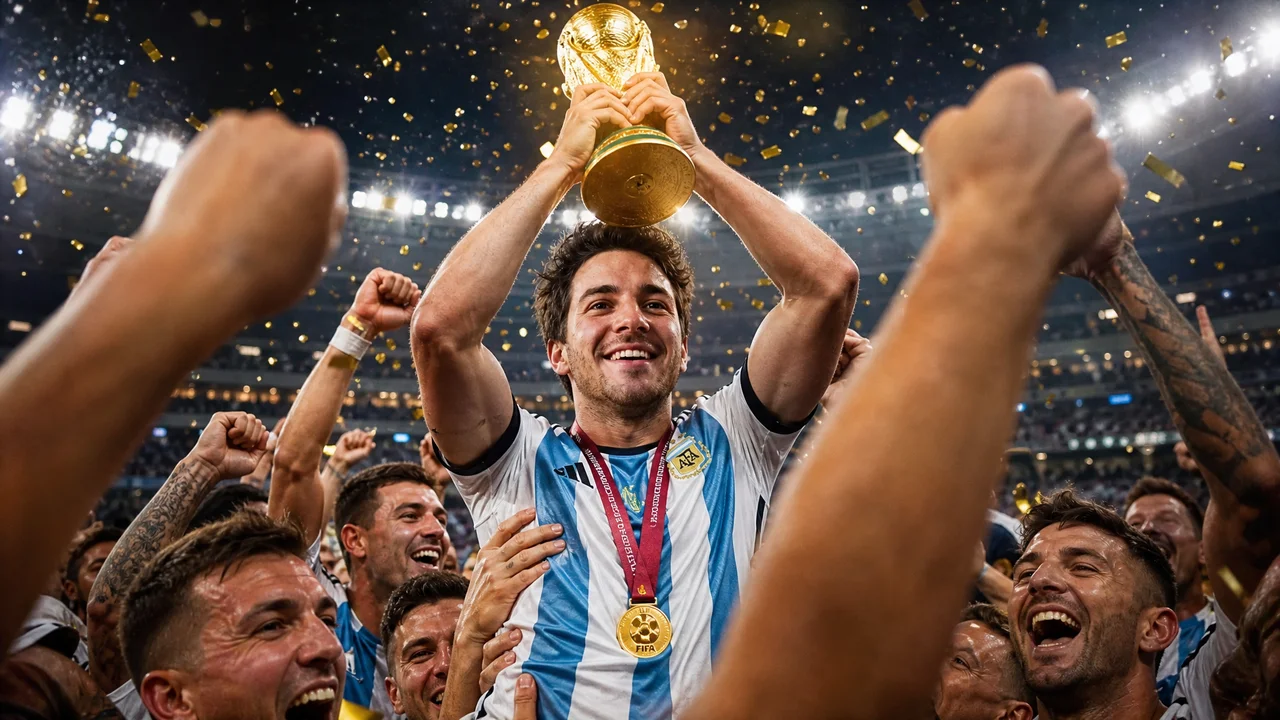 Ultra-realistic close-up sports photography: figure held high by joyful teammates, raises glowing golden World Cup trophy. Grins ecstatically, looks up at trophy. Night stadium lights, confetti, blurred crowd background.