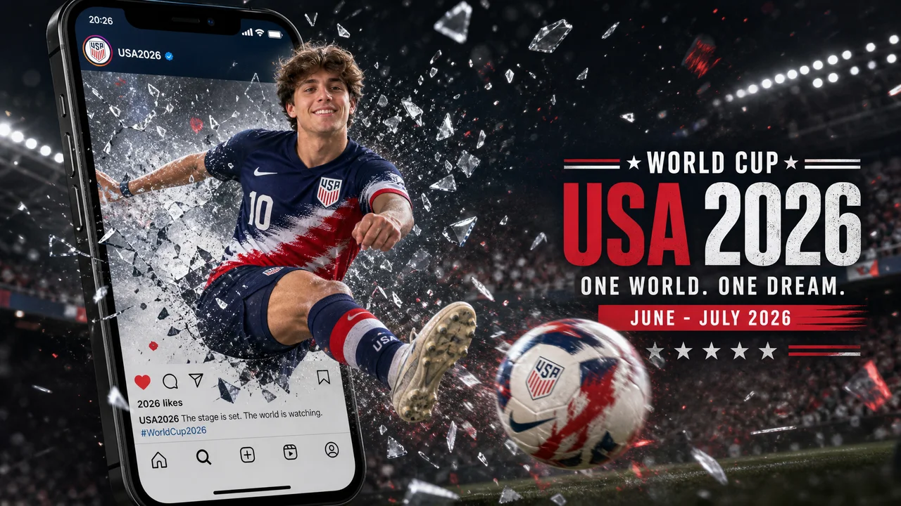 Ultra-realistic USA 2026 World Cup promotional poster, creative breaking out of smartphone screeneffect. Young male player in USA national team jersey, dynamic action. Cinematic lighting, vibrant colors.
