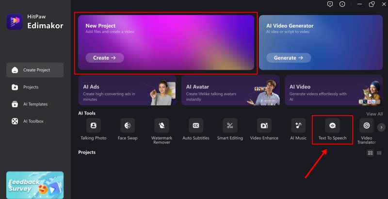 Creating a new project in HitPaw Edimakor