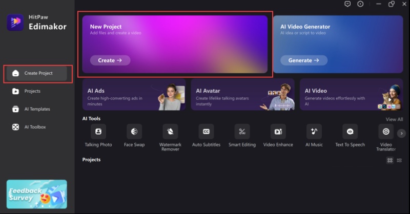 Creating a new project on Edimakor