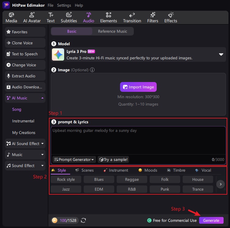 edimakor basic mode create ai music step