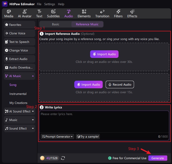 edimakor reference mode create ai music step