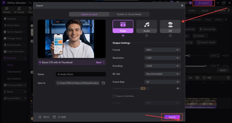 Edit and export in Edimakor