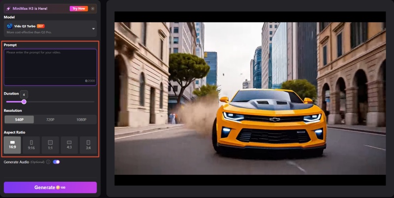 Enter video prompt and adjust settings