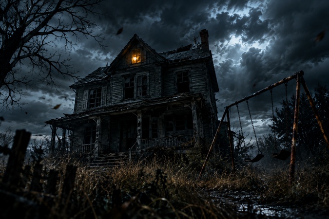 abandoned house under a stormy sky