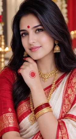 bengali red white saree look