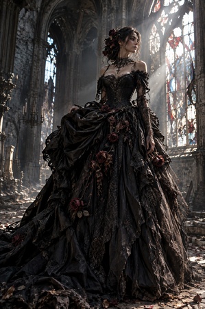black gothic gown in a ruined cathedral