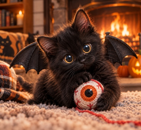 black kitten wearing tiny bat wings