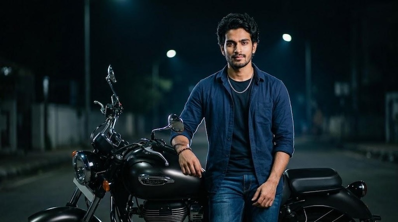 black motorcycle night portrait