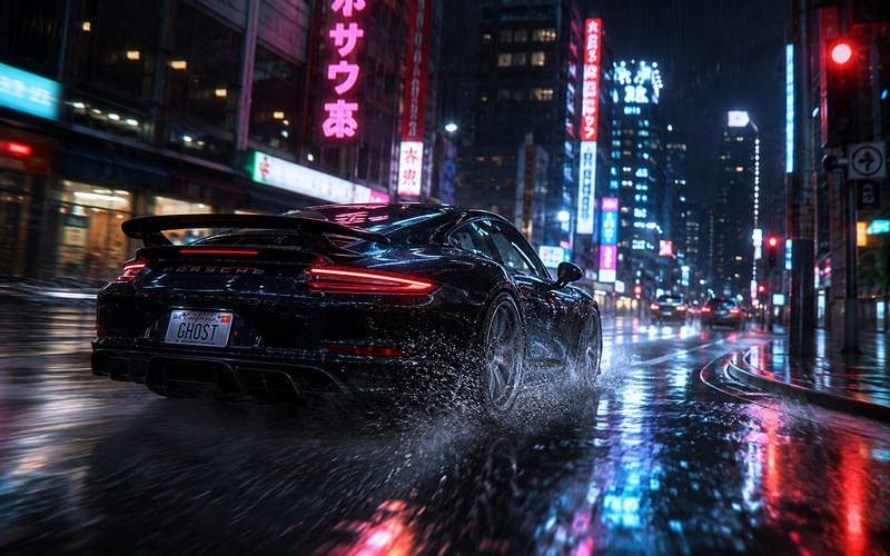 black sports car racing on wet city street