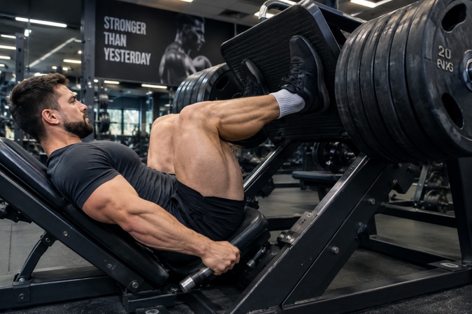 bodybuilder performing a leg press workout