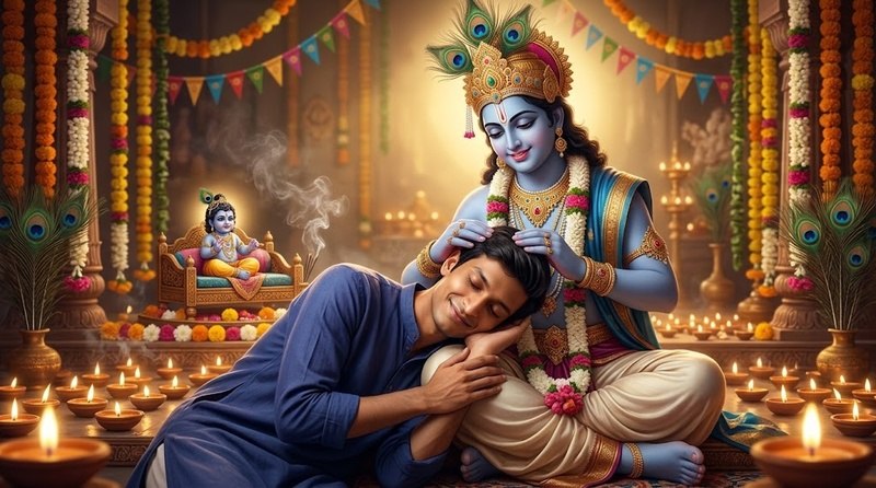 boy resting on krishna lap