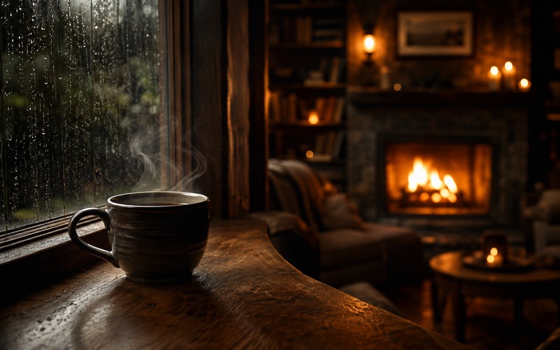 coffee by rainy window