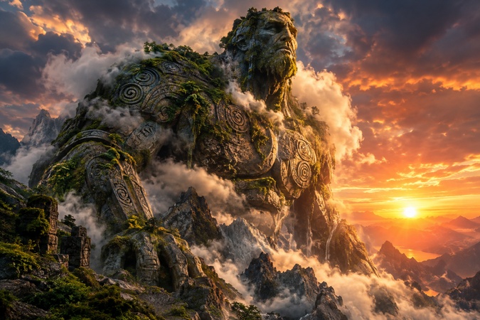 colossal stone titan awakening in a mountain range