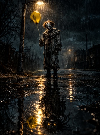 creepy clown standing in the rain