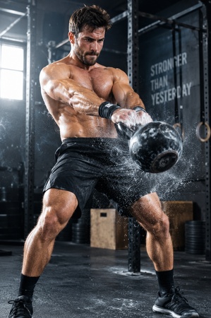 crossfit athlete swinging a kettlebell during training