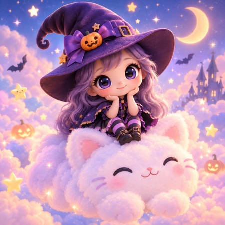 cute cartoon witch on a cat cloud