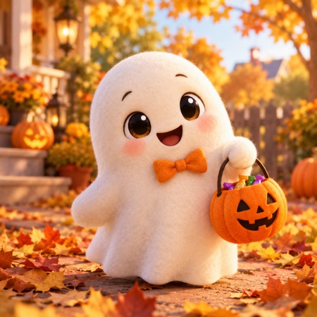 cute ghost holding a pumpkin bucket