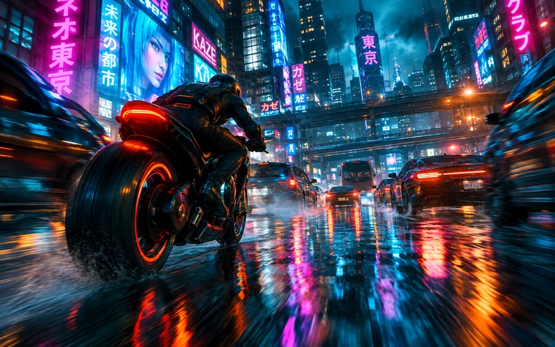 cyberpunk biker in neon street