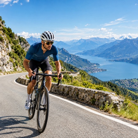 cyclist riding a road bike along a scenic mountain pass