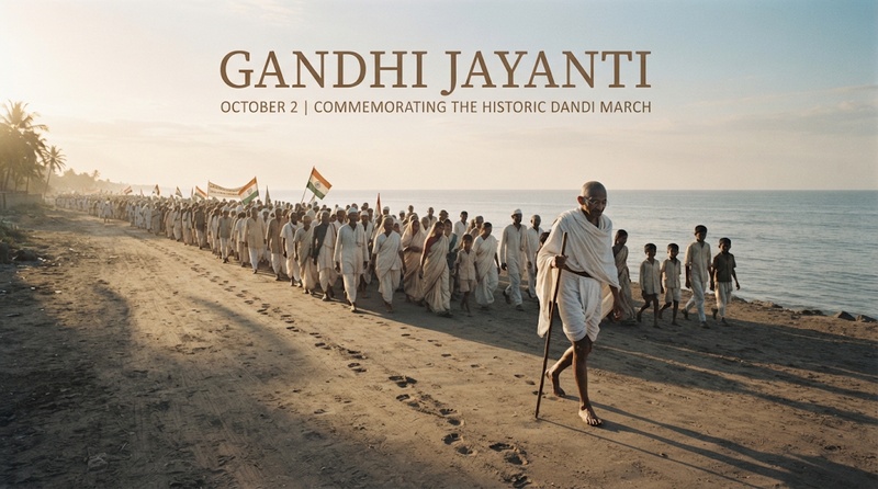 Dandi March Gandhi Jayanti poster with historical scene
