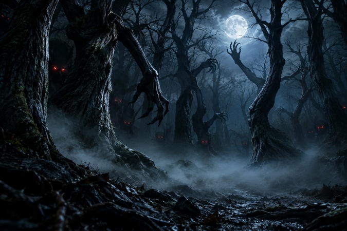 dark forest with glowing red eyes