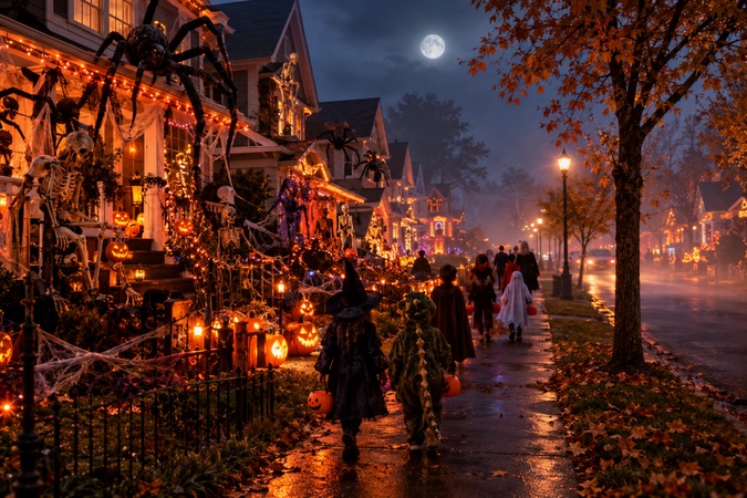 decorated street with Halloween lights and costumes