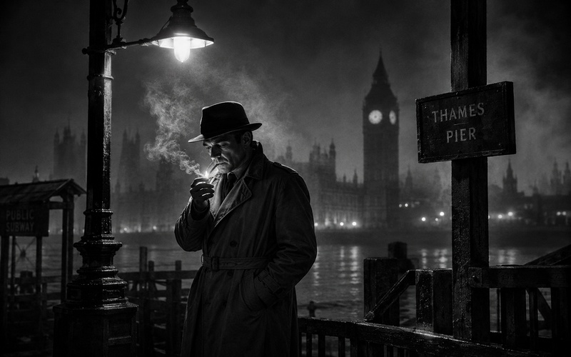 detective on foggy London pier