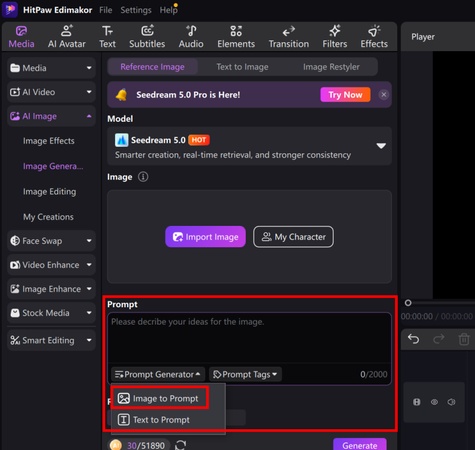 Edimakor tool converting image to prompt