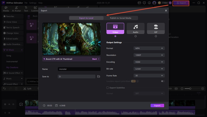 Export Ai Monster Video with Edimakor