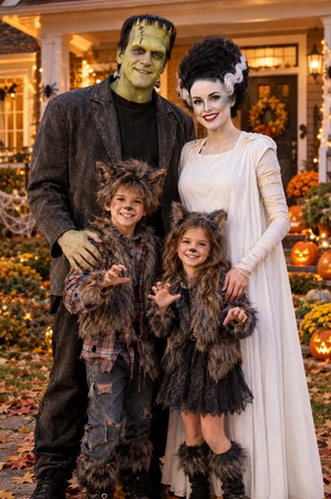 family dressed as halloween monsters