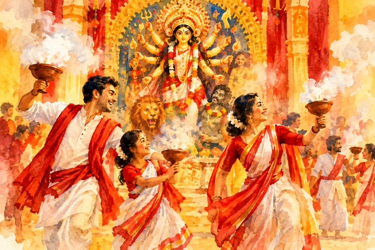 family performing dhunuchi dance