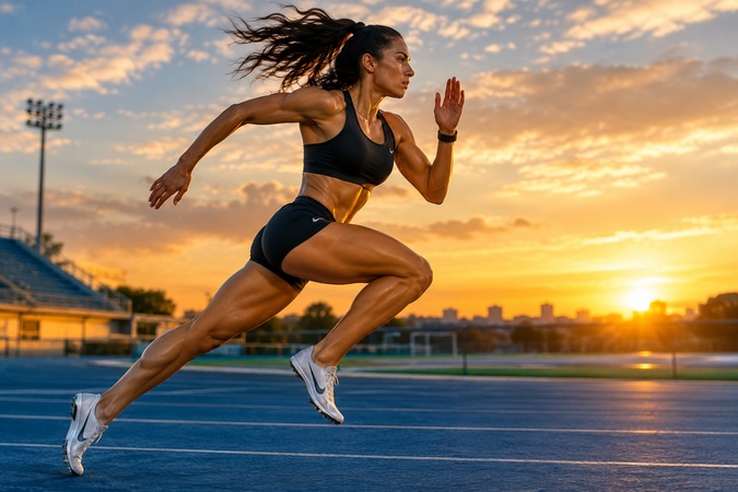 female sprinter running on a blue track at sunset