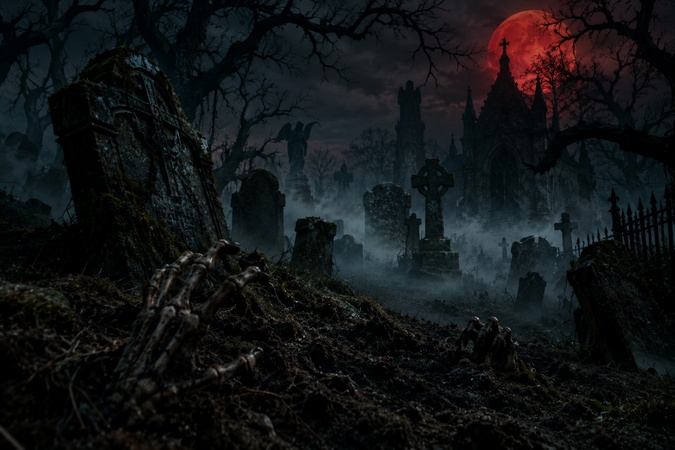 foggy cemetery under a red moon