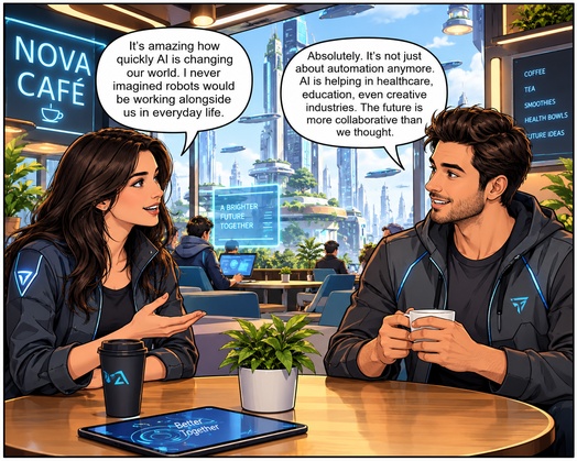 futuristic cafe comic with readable speech bubbles