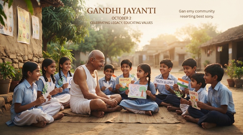 Gandhi with children Gandhi Jayanti poster
