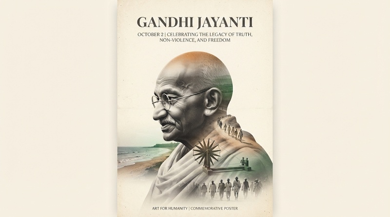 Gandhi double exposure poster with Indian historical scenes