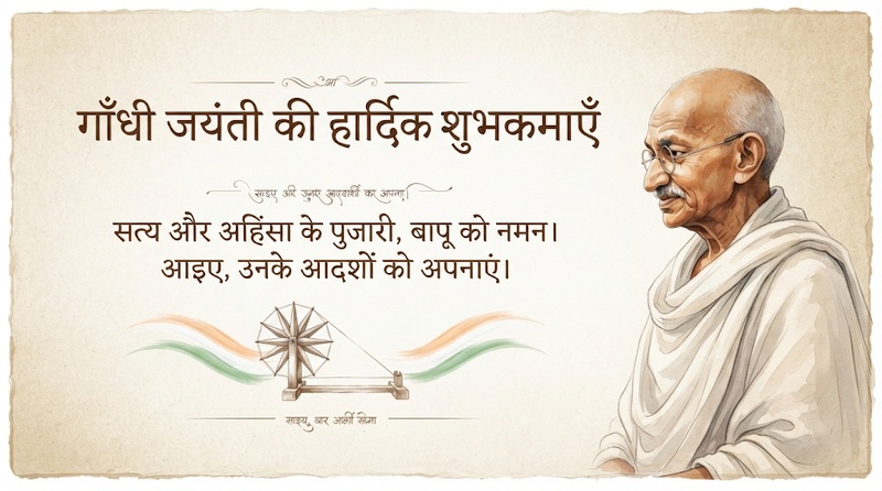 Gandhi Jayanti poster in Hindi with Gandhi portrait