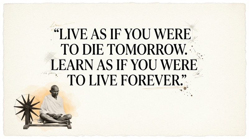 Gandhi Jayanti quote poster with Gandhi portrait and Charkha