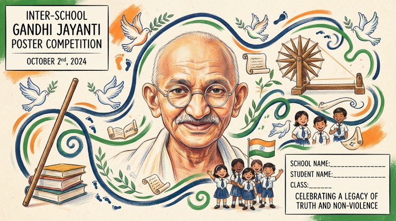 Gandhi Jayanti school competition poster with Gandhi and Charkha