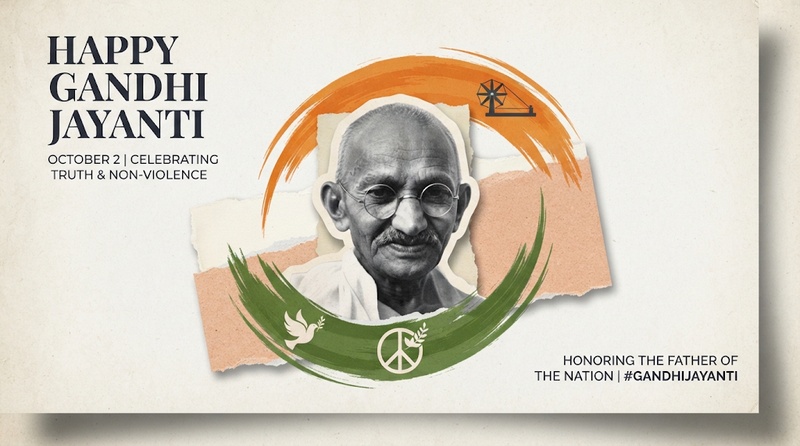 Gandhi Jayanti social media poster with Charkha and portrait