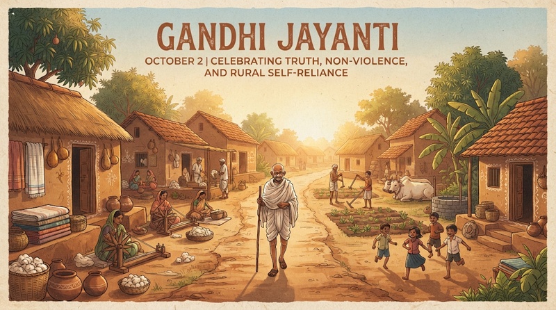 Gandhi village life poster with Charkha and farmers