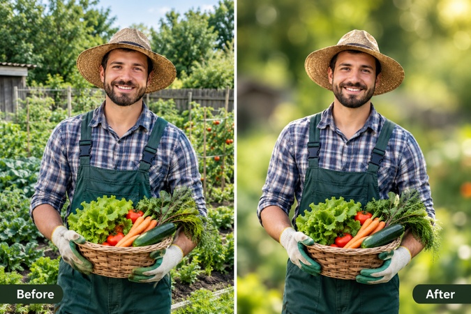 gardener in sharp focus with blurred garden background