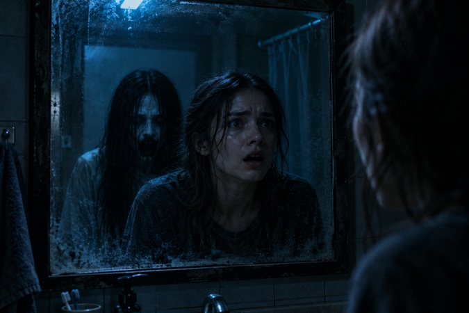 ghost appearing behind a person in a mirror