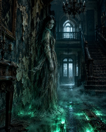 ghostly figure in a haunted mansion