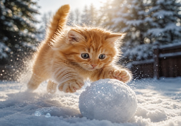ginger kitten pouncing on snowball in a sunny snowy backyard