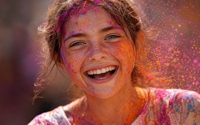 girl laughing with holi colors